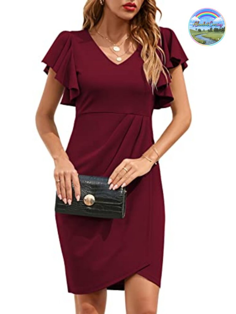 Women's V Neck Ruffle Sleeve Bodycon Wrap Ruched Cocktail Party Work Dress